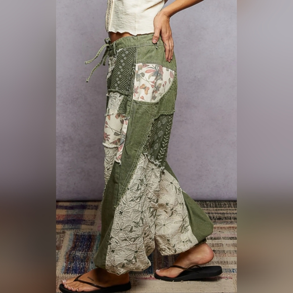 POL Olive & Cream Patchwork Jogger Pants - Picture 2 of 9